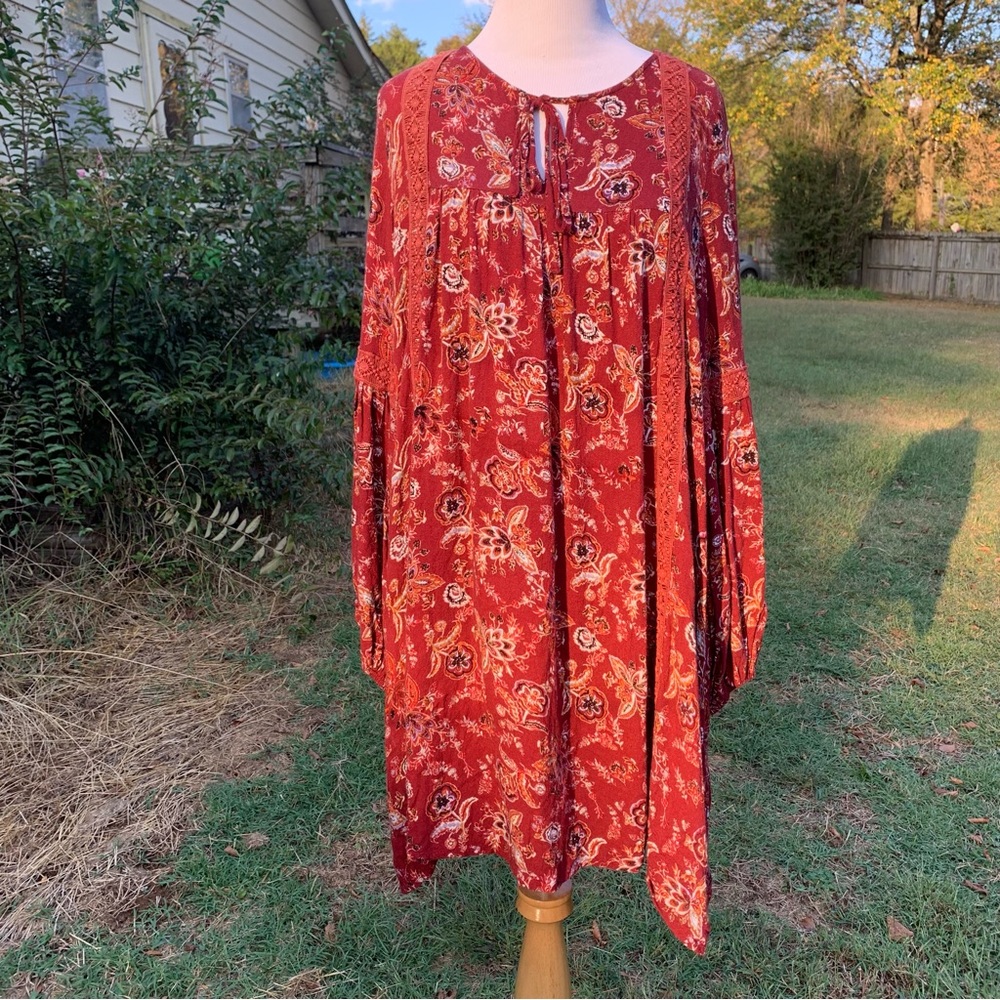 Easel Boho Floral Warm-Colored Long Sleeve Tunic/Dress Flowy Size Small